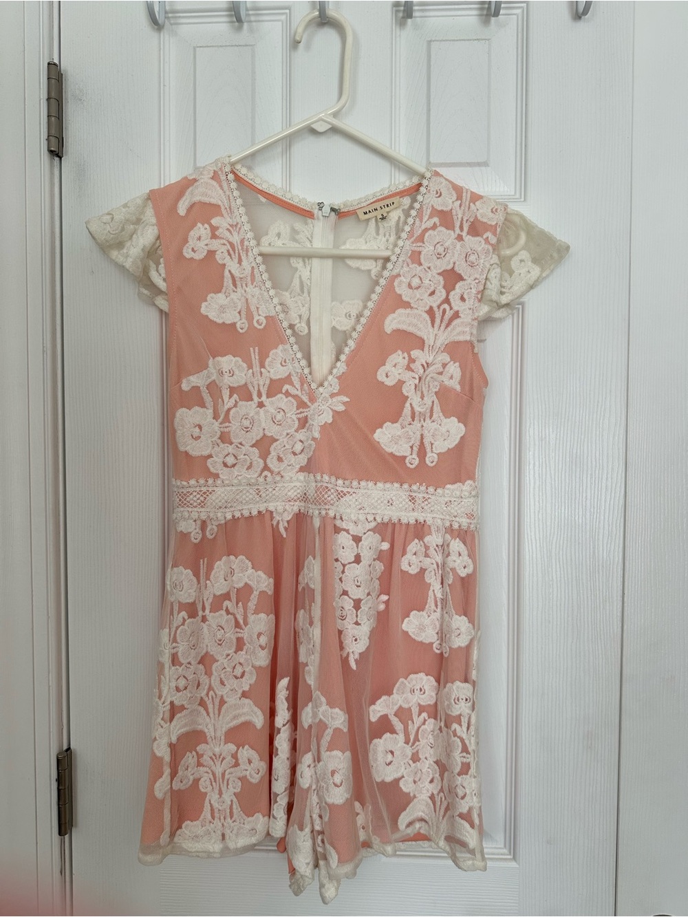 Main Strip Pink Dress with White Lace Floral Overlay